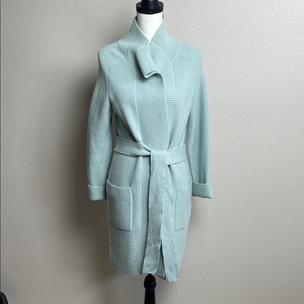 ANN TAYLOR Cardigan knit Long Duster sweater with belt seafoam green - Picture 14 of 16
